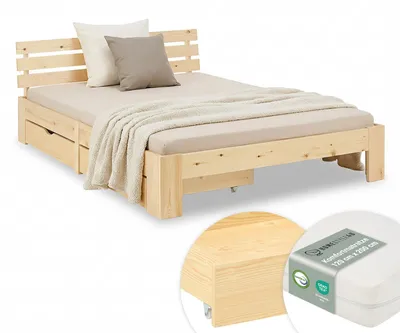 Image de Lit double en bois 120x200 avec matelas et 2 tiroirs naturelle pin Cadre de lit en bois massif sommier à lattes