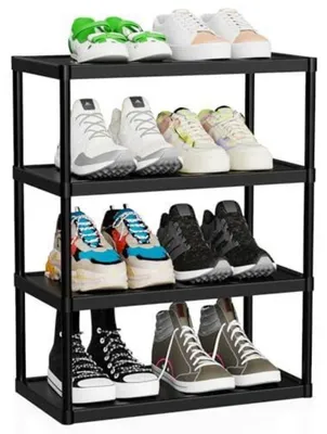 Image de Étagère à chaussures, 4 niveaux, étroite, empilable, en plastique et métal, noire, dimensions : 43 x 26 x 53 cm
