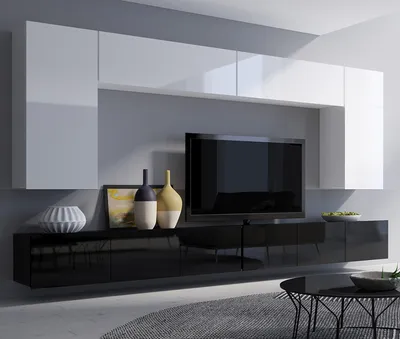 Produktbild von Moderne Wohnwand CALABRINI-13 Wohnzimmer-Set Hängewohnwand Schrankwand Hochglanz TV-Schrank Anbauwand (Weiß / Schwarz)