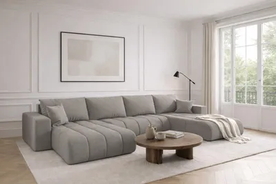 Image de Canapé d'angle avec fonction de couchage et coffre de lit MILO U PREMIUM, tissu WIND, gris sable
