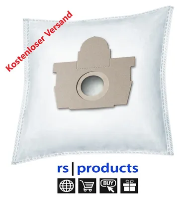 A white vacuum cleaner bag with a cardboard attachment is shown against a white background. Text and logos are present at the bottom.