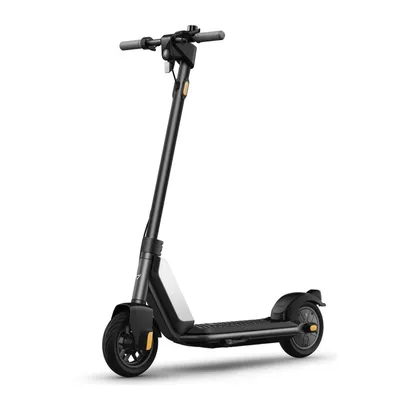 A black and white electric scooter is shown against a plain white background.