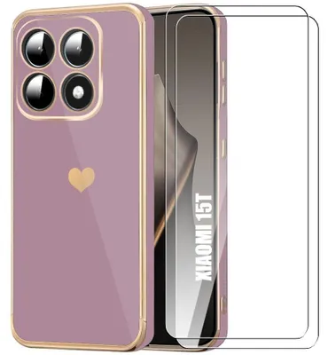 Image de Coque + 2 Verres Trempés pour Xiaomi 15T, Silicone Motif Cœur Antichoc Anti-Rayures Ultra Slim - Violet