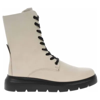 A single cream-colored boot with black laces and a black sole, shown from the side against a white background.