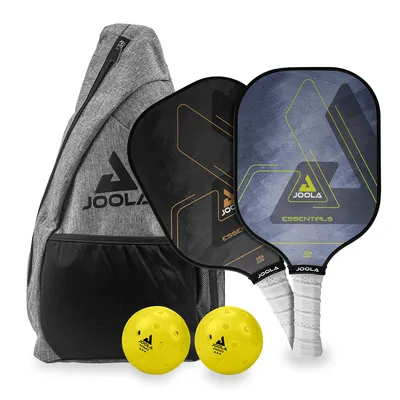 A JOOLA pickleball set including a sling bag, two paddles, and two balls, displayed against a white background.