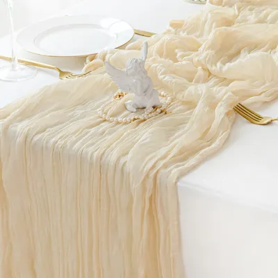 Immagine prodotto di Runner da tavolo beige in stile boho, in tessuto leggero, dimensioni 90x300 cm, ideale per la decorazione