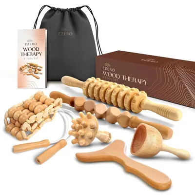 Image de Ensemble de massage en bois - Ensemble de 6 outils de maderothérapie - Bois 100 % naturel - Massage corporel