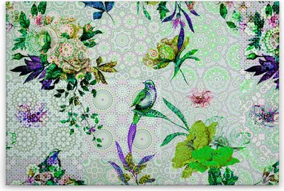 Produktbild von Leinwandbild Blumen 60 x 90 cm - Wandbild Vögel Grün Lila - Keilrahmen Floral Wohnzimmerdeko Wanddeko Wandgemälde