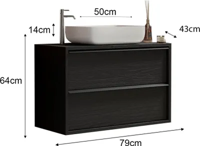 Productafbeelding van Wandmeubel voor de badkamer FRASSI – Inclusief wastafel, 2 laden – 79 cm – Kleur aszwart