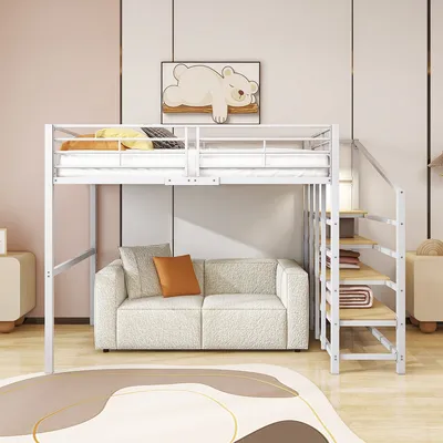 Produktbild von Hausbett mit Geräumigem Stauraum und Treppe Hochbett Metallkonstruktion Kinderbett Einzelbett für Kinder 140 x 200cm