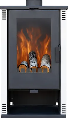 A front view of a white and black fireplace with logs and flames inside.