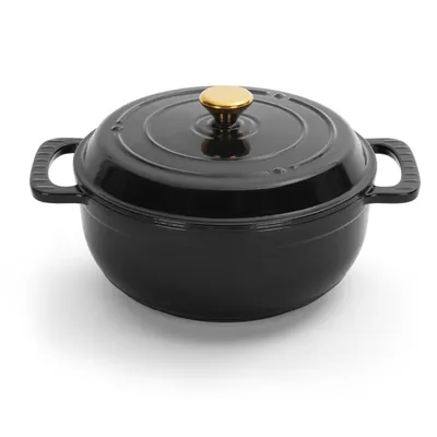 Produktbild von FCH Gusseisen Topf 26cm - 5QT-4.6L Emaille Bräter mit Deckel backofengeeignet - für Küche Backen Schmoren Braten (Schwarz)