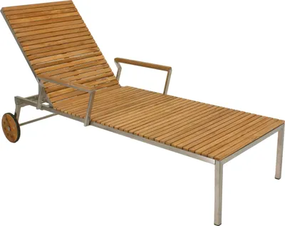 A wooden and metal chaise lounge on a white background.
