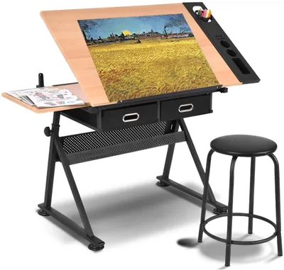 Produktbild von Zeichentisch-Set, Architektentisch Schreibtisch, Schülerschreibtisch Bürotisch Höhenverstellbar Neigungsverstellbar, mit Schubladen und Hocker, Holz