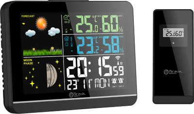 Produktbild von Funk-Wetterstation mit Farbdisplay Außensensor Schimmelwarner Hygrometer Barometer Datumsanzeige Mondphase Schwarz Frostalarm Wecker