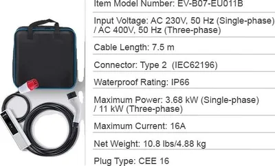 Zdjęcie produktu dla Przenośna ładowarka do pojazdów elektrycznych, uniwersalna kompatybilność, ulepszone funkcje bezpieczeństwa, 16A MAX-11kW CEE16