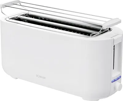 A white Bomann toaster with a chrome warming rack on top, shown from a slightly elevated front-left angle against a white background.