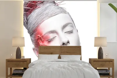 Produktbild von MuchoWow® Fototapete für Wohnzimmer oder Schlafzimmer Wandtapete Vinyl Motivtapete Frau - Weiß - Rot - 240x240 cm - Schlafzimmer-Tapete