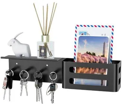 Imagen del producto de Organizador de pared metálico Unyqoos® con estante – Soporte para llaves y espacio para correo, 5 ganchos, color  mate, incluye tornillos y tacos