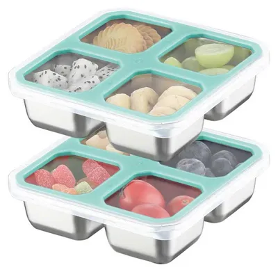 Productafbeelding van Roestvrijstalen snackboxen met 4 compartimenten, herbruikbare snackcontainers, kleine lunchboxen in Bento-stijl voor kinderen en volwassenen, voedselopslagcontainers met compartimenten voor school, werk en