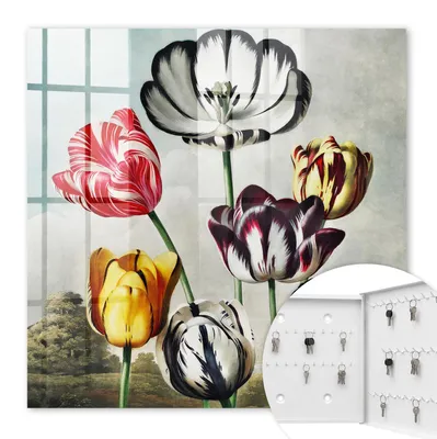 Produktbild von Metall Schlüsselkasten 30 x 30 cm - weißer Schlüsselschrank zur Wandmontage - wandhängende Schlüsselbox mit Tür - rechts öffnend - Schlüsselaufbewahrung für Flur - Büro - Arbeitszimmer - Werkstatt - Garage - Retro-Tulpen