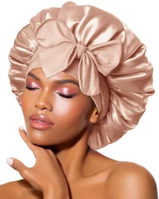 Imagen del producto de Gorro de seda para dormir para mujer, ajustable con lazo en color champán