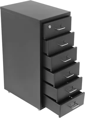 Produktbild von Rollcontainer mit Schubladen – Metallschreibtischcontainer – Zur Organisation im Büro – Abschließbar mit Schlüssel – 6 Schubladen – Schwarz