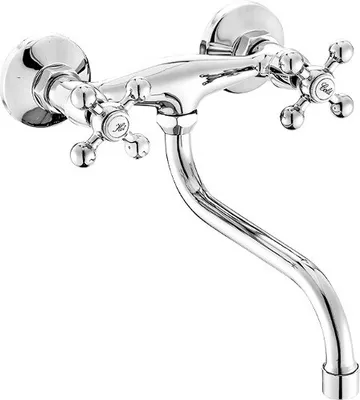 A chrome-plated wall-mounted faucet with two cross-shaped handles for hot and cold water.