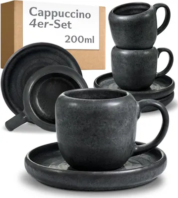 Produktbild von Cosumy 4er Cappuccino Tassen Set mit Untertassen Schwarz – 200 ml Keramik Cappuccinotassen Set– Hält lange warm dank dickwandigem Steingut – Elegante