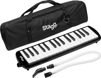 A black Stagg melodica with its carrying case and accessories, presented on a white background.
