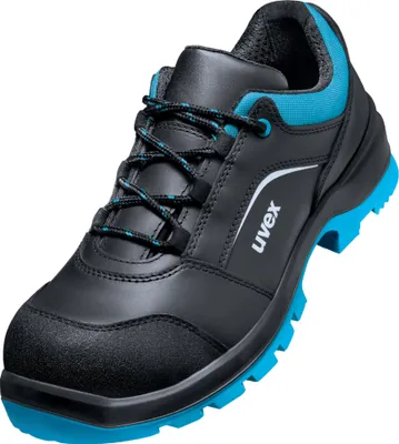 A single black and blue work shoe is shown against a white background.