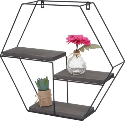 Produktbild von Wandregal MCW-K76, Hängeregal Schweberegal Regal, 3 Regalböden Metall Massiv-Holz Industrial 43x49x11cm  dunkelgrau