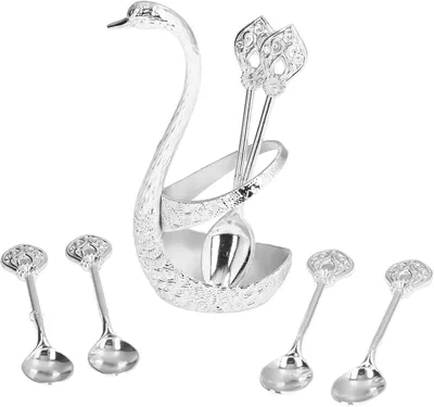 Productafbeelding van Lepelhouder met zwanenvoet, gemaakt van zinklegering, en een gestempeld dessertlepelset, geschikt voor tafeldecoraties, koffiebars, het serveren van desserts en housewarmings (zilver)