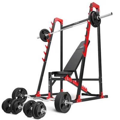 Image de Marbo Sport ensemble MH24_156KG_KIER_G | banc de musculation réglable MH-L115 + support pour haltères longs MH-S204 + ensemble barres d'haltères/disques d'haltères 113 kg
