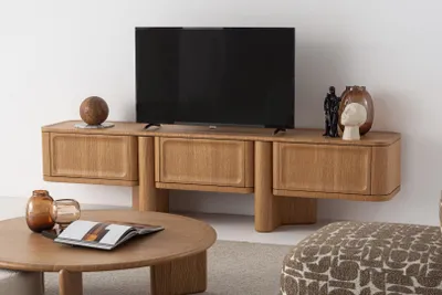 Obrázok produktu pre Hnedá TV skrinka, moderná, voľne stojaca, 3 dvierka, 240x49x57 cm