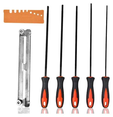Produktbild von 7-teiliges Feilenset für Kettensägen mit Griff und Schnelllehre, Metall Rundfeilen in 5 Größen, 3,2 mm bis 5,5 mm, zum Schärfen von Kettensägen