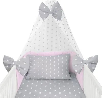 Produktbild von Amilian Babybettwäsche Set Komplettset, Bettwäsche 100x135 cm & Kissen 40x60 cm, mit Himmel & Nestchen für Babybett/Gitterbett, hautfreundlich, pflegeleicht & maschinenwaschbar, 3 dekorative Schleifen
