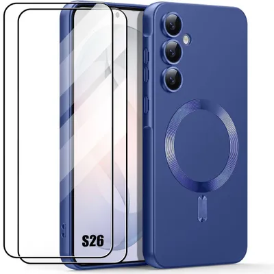 Image de Coque + 2 Verres Trempés pour Samsung Galaxy S26, Protection Silicone Ultra Slim avec Cercle Magnétique Bleu Marine