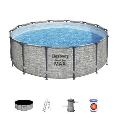 Produktbild von Steel Pro MAX Rahmenpool 427x122 Steinimitat 14FT BESTWAY 5in1 + Zubehör