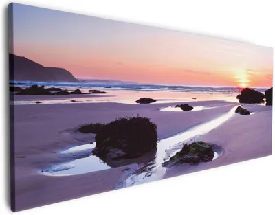 Produktbild von Wallario Premium Leinwandbild Sonnenuntergang am einsamen Strand in Größe 60 x 150 cm