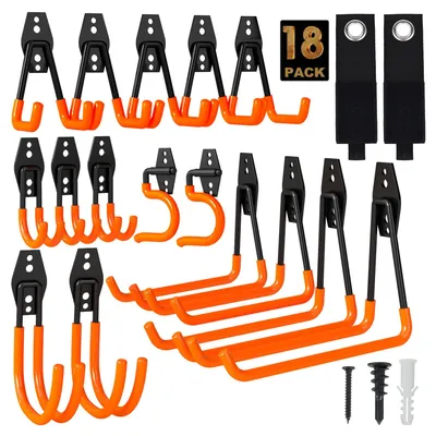 Image de Crochets muraux pour garage, lot de 18 crochets muraux, 6 tailles différentes, crochets robustes pour outils de jardin, atelier, échelles, rangement de garage (orange)