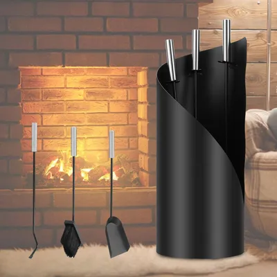 Image de Ensemble de cheminée Vigevee, 4 pièces, noir, comprenant : accessoires pour poêle, poignées en acier inoxydable, balai, pelle, crochet et support rond