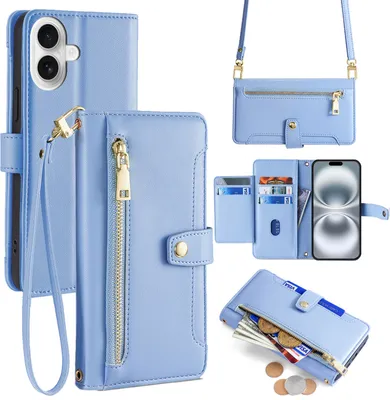 Produktbild von Handykette für iPhone 16 Plus – Kunstleder Hülle mit Band, Kartenfächer & Umhängetasche Hellblau