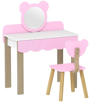Produktbild von Frisiertisch-Set mit Hocker für Kinder, Schminkspiegel, Bärchenform, Schublade, MDF, Rosa