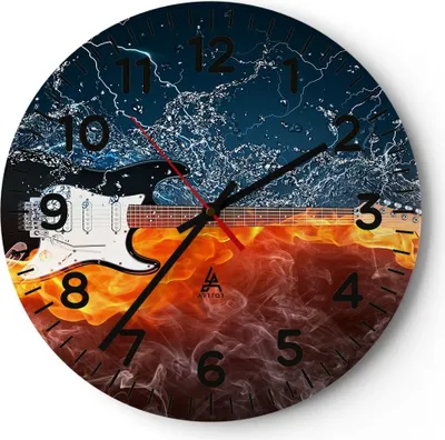 Produktbild von Wanduhr - Rund - Glasuhr - Gitarre Instrument Musik - 40x40cm - Schleichendes Uhrwerk - Lautlos - zum Aufhängen bereit - Dekoration Modern - Wanddekoration aus Glas - C4AR40x40-0215