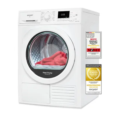 Produktbild von Exquisit Wärmepumpentrockner 9kg - leise Trocknung mit Knitterschutz, digitaler Anzeige & Schuhtray - TWP903-410 weiss