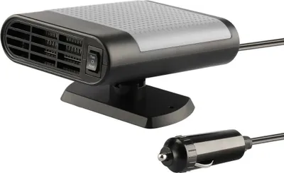 A car heater with its power adapter is shown against a white background.