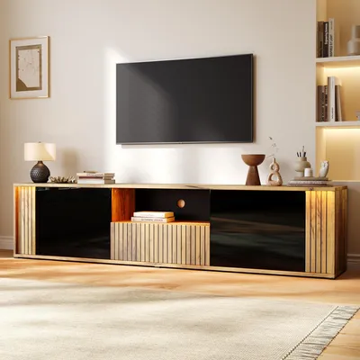 Obrázok produktu pre MODFU LED televízna skrinka, 180 x 40 x 51 cm, nízka komoda pre 75-palcovú televíziu s LED osvetlením, zásuvka a úložný priestor, TV nábytok do obývačky, čierna + drevená farba