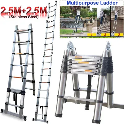 Image de Échelle télescopique - Échelle pliante extensible - Capacité de charge : 150 kg - Hauteur : 2,5 + 2,5 mètres - Acier inoxydable - Avec stabilisateur