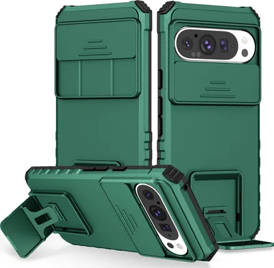Obrázek produktu pro Pouzdro pro Google Pixel 10 / Pixel 10 Pro dvouvrstvé robustní, vojenská ochrana pouzdro s stojánku a posuvnou ochranou kamery zelené